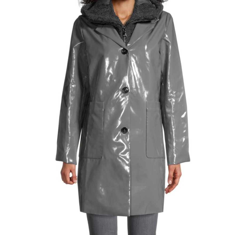 NWT Jane Post Raincoat Slicker Gray removable Faux Fur Vest Medium